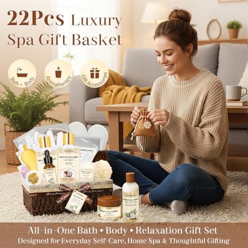 Jorceray 22PCS Spa Gift Baskets for Women, Luxury Bath and Body Gift Basket Set for Women Coconut Vanilla Spa Kit Relaxing Spa Self Care Gift for Her Wife Lover Mom Sister Friend - Thumbnail 2