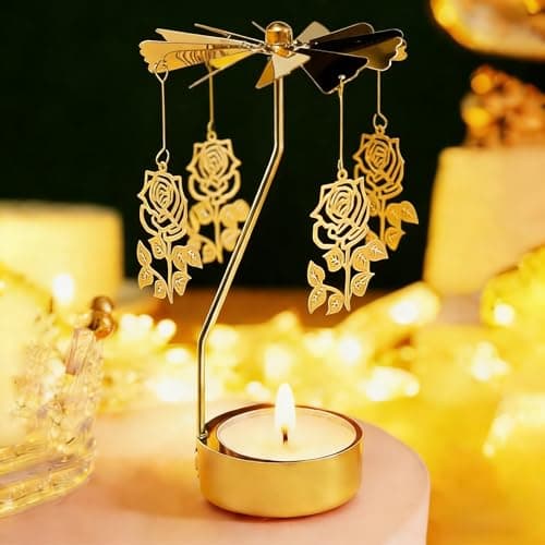 Spinning Candle Holder, Rotating Carousel Tealight Candle Holder, Unique Birthday Gift for Women, Mom, Sister, Friends, Christmas, Valentine's Day (Rose)