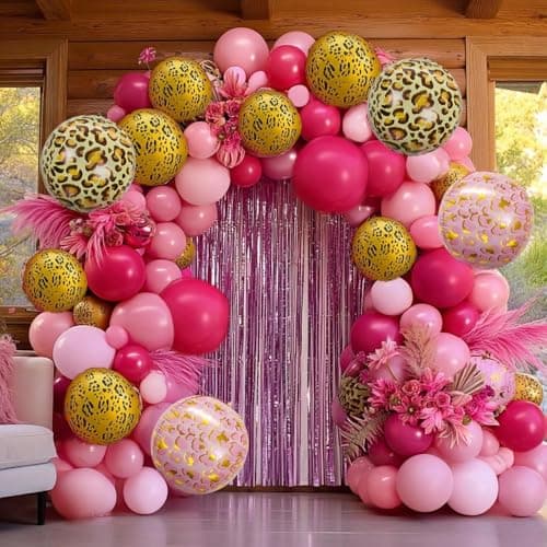 Hot Pink Balloon Arch Kit, Double Stuffed Dark Light Pink Magenta Gold Cheetah Print Balloons Fringe Curtain for Mother's Day Birthday Bridal Baby Shower Safari Jungle Party Decorations - Image 1
