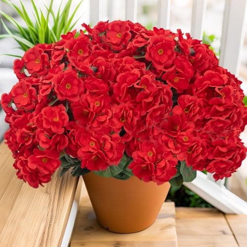 BSMYBO 6PCS Artificial Geraniums Outdoor Flowers, Faux Red Geraniums Artificial Flowers Plants Outdoor UV Resistant Plants, Realistic Silk Flowers for Cemetery, Front Porch Decor, Table Centerpiece - Thumbnail 5