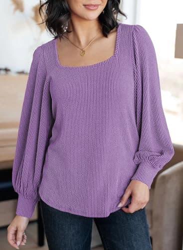 Dokotoo Womens Shirts Fall Casual Long Sleeve Square Neck Solid Pullover Ladies Waffle Striped Knitted Sweatshirt Womens Clothes Autumn Winter Tunic Blouses Purple Large - Thumbnail 3