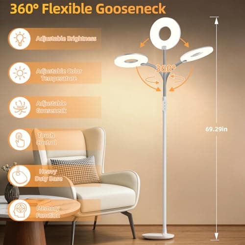 GyroVu 70" Bright LED Floor Lamp for Living Room, Dimmable Standing Tall Lamps with Color Temperature Adjustable, Touch Control Gooseneck Reading Light for Bedroom Office - Thumbnail 3