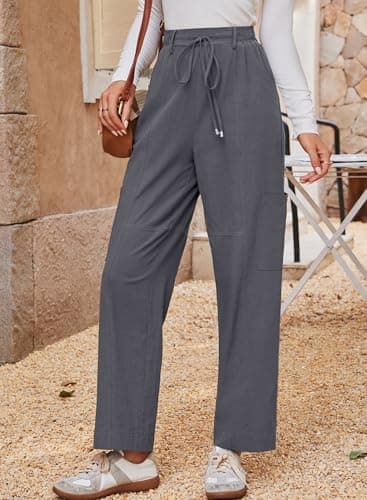 Dokotoo Linen Pants Women High Waisted Drawstring Stretch Pants Casual Loose Outdoor Travel Trousers Elastic Waistband with 4 Pockets Grey - Thumbnail 4