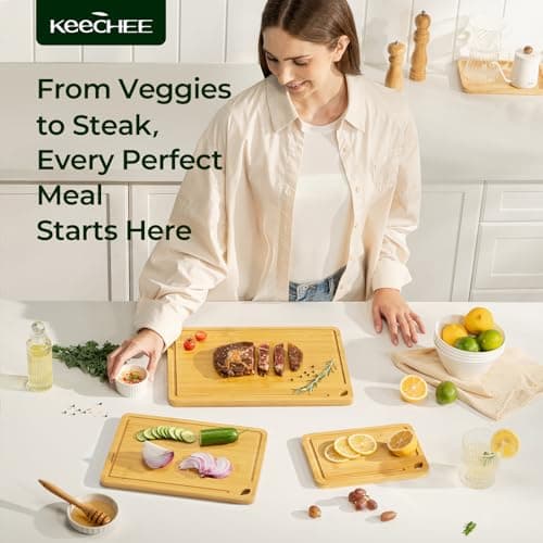 Keechee Wood Cutting Board for Kitchen - Reversible Bamboo Cutting Boards Gift Set of 3 with Juice Groove, Wooden Chopping Board for Meat, Fruit, Vegetables & Cheese (Pre Oiled, Natural) - Thumbnail 2