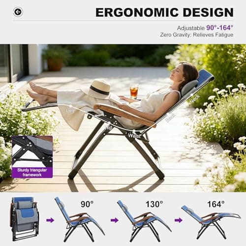 PURPLE LEAF Extra Wide Outdoor Reclining Chair Patio Zero Gravity Chaise Lounge Folding Chair with Quilted Cushion Adjustable Headrest for Lawn Camping Beach Pool Grey and Navy Blue - Thumbnail 4