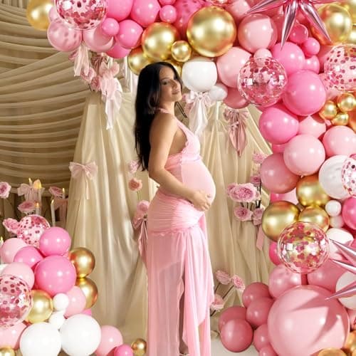 Pink White Gold Balloon Garland Arch Kit, 140Pcs Hot Pastel Pink Gold White Confetti Balloons With Stars for Birthday Wedding Birdal Shower Gender Reveal Graduation Party Decorations - Thumbnail 2