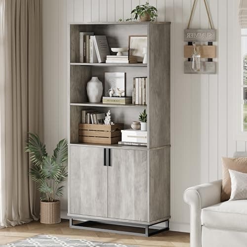 SLEKVERSA 70.6" Tall Bookshelf w/Doors & Metal Base, 5-Tier Bookcase with Cabinet and Adjustable Shelf, Wooden Book Shelf Farmhouse Bookcase for Living Room Office Library - Image 1