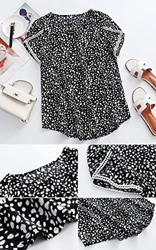 Angashion Women's Tops Casual Floral Print Lace Crochet Short Sleeve Crewneck Summer Loose Blouse Shirt Tunic Top Black White XL - Thumbnail 5