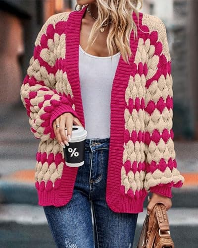 KIRUNDO Womens Cardigans Cute Color Block Stripe Long Sleeve Cardigan Sweaters Crochet Chunky Knit Sweater Outwear Trending Clothes for Women 2026 Hot Pink Outfits(Rose Red, X-Large) - Thumbnail 3