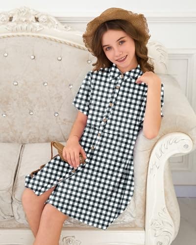 Girl's Summer Short Sleeve Loose Babydoll Dress Casual Kids Button Down Mini Sundresses with Pockets 2026 Black White Plaid 11-12 - Thumbnail 3