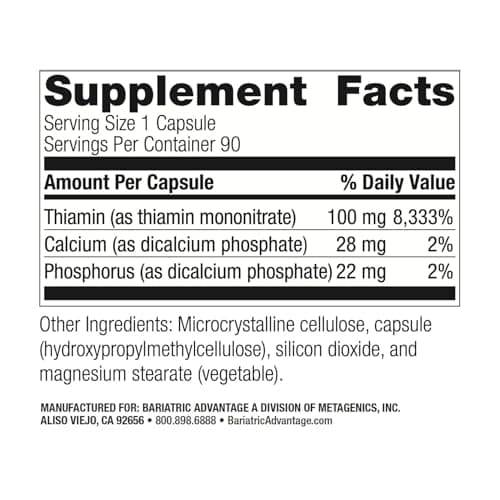 Bariatric Advantage Vitamin B1 Thiamin - 100 mg Thiamin Mononitrate - Easy Digest - Designed for Bariatric Patients - Supports Energy Production* - 90 Count - Thumbnail 4