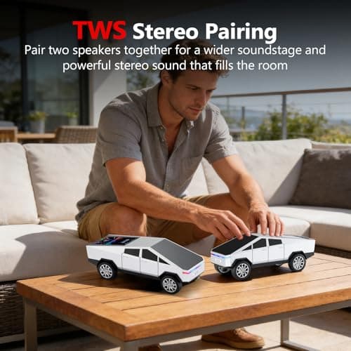 WS-580 Cybertruck Portable Bluetooth Speaker, Replica Car with Display Screen, HD Sound, TWS Pairing, FM Radio, Built-in Mic, Remote Selfie Control, LED Party Light, Gift for Car Lovers (Silver) - Thumbnail 5