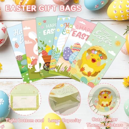 MKLTUHGDG Easter Treat Bag, 24 PCS Easter Gift Bags with Stickers, Party Favor Bags Bulk Egg Chick Bunny Carrot, Goodie Bag Party Supplies for Classrooms, Party Favors - Thumbnail 4