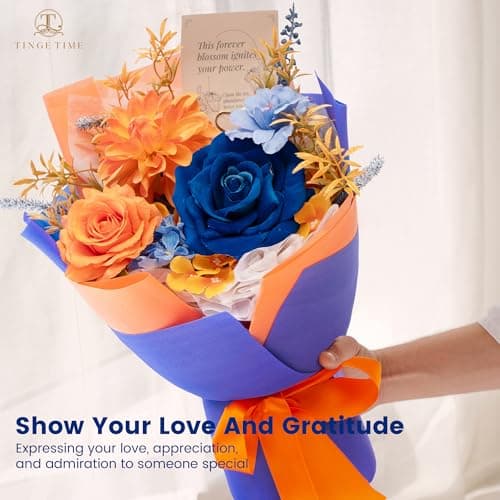 TINGE TIME Preserved Flowers Bouquet, Orange & Navy Blue Roses Gift Bouquet, Eternal Roses Bouquet for Wedding, Table Centerpieces, Mothers Day, Birthday Gifts, Anniversary, Graduation - Thumbnail 6