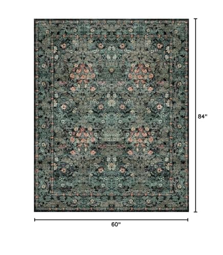Dark Green Boho 5x7 Area Rugs for Bedroom Aesthetic, Washable Floral Rug for Living Room, Nursery - Low Pile Non Slip French Country Carpet for Dining Room Under Table - Botanical Mat for Indoor - Thumbnail 2