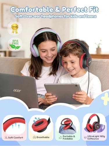 acer Kids Headphones Wired for School - Over Ear Design, 85/94dB Safe Volume Limit, 3.5mm Jack Foldable Headphones for Toddler Boys Girls Classroom Yoto Player Chromebook Travel Black Red - Thumbnail 4