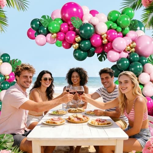 Tropical Flamingo Balloon Arch Kit 149Pcs Pink and Green Balloons Include Hot Pink Macaron Pink Green Gold Balloons with Palm Leaves for Hawaiian Luau Aloha Summer Beach Birthday Party Decorations - Thumbnail 5