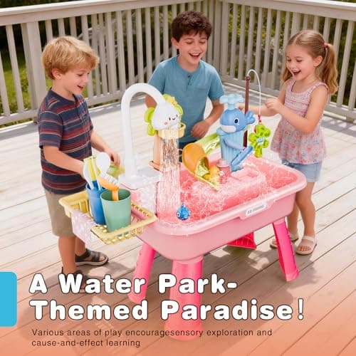 Cosminy 2026 Upgraded Water Table for Toddlers 1-3, Kids Play Sink with Running Water, Toddler Kitchen Sink Toy with Pump, Fishing Game & Sensory Water Play Toys for Boys Girls (Pink) - Thumbnail 4
