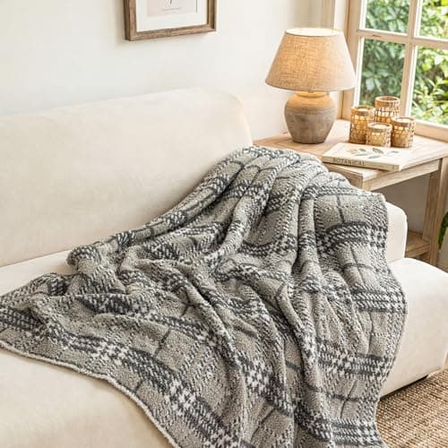 DXRZEXAM Stretch Knit Throw Blanket 47"x59" Soft Fleece Checkered Blanket All Season Breathable Non-Shedding Cozy for Couch Bed Office Lap Wrap Camping Trip 550GSM Grey Plaid - Image 1