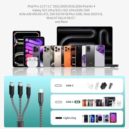 MPATIBY USB C Multi Charging Cable [1Pack 5FT], 3 in 1 Charging Cable Nylon Braided USB-C Multiple Charger Cord with 1 IP Port and 2 Type C Adapter Port for iPhone 17/16 Series/Cell Phones and More - Thumbnail 6