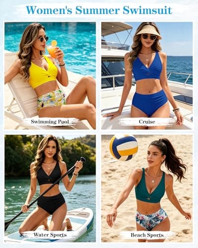 HORISUN Women's High Waisted Bikini Set Twist Front Two Piece Swimsuit with Adjustable Straps & Tummy Control Bathing Suit Beige XL - Thumbnail 6