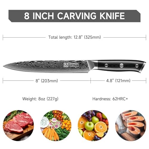 KEEMAKE Carving Knife for Meat, 8 Inch Ultra Sharp Damascus Kitchen Knives with G10 Ergonomic Handle, Brisket Knife for Meat Cutting, Japanese Knives for BBQ Ham Roast Turkey Vegetable - Thumbnail 2