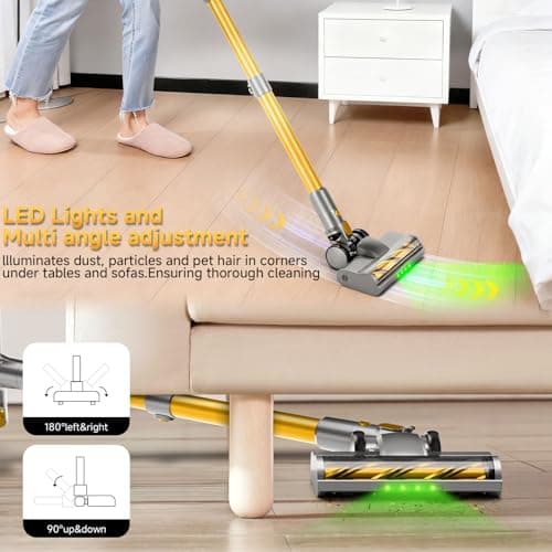 Shieal Cordless Stick Vacuum Cleaner - 45KPA Powerful Suction Vacuum with 45 Min Runtime, Detachable Battery, Anti-Tangle & 1.5L Dust Cup, 8 in 1 Vacuum Cleaner for Pet Hair, Carpet, HardFloor, Yellow - Thumbnail 6