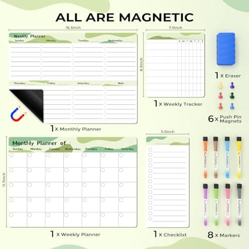 MARSROCK Refrigerator Calendar Magnetic, 16.3x11.7” (4-Pack) – Weekly & Monthly Planner, Chore Chart, Grocery/to-Do List for Fridge, Includes 8 Markers, 6 Magnets & 1 Eraser for Kitchen, Green - Thumbnail 5
