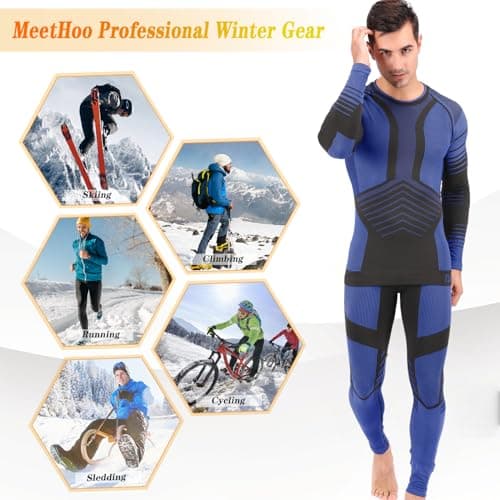 MeetHoo Mens Thermal Underwear Set Fleece Lined Base Layer Sports Long Johns Winter Gear Running Skiing Blue - Thumbnail 5