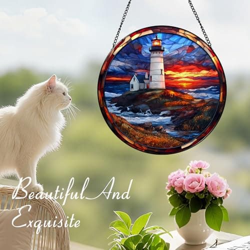 Zizzie Coastal Lighthouse in Autumn Suncatcher -7.9 in Stained Glass Window Hanging Sun Catcher Garden Decor - Thumbnail 6