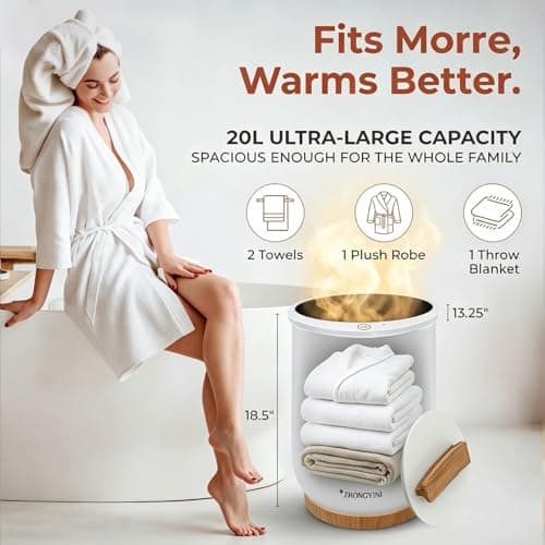 Towel Warmers, Luxury Towel Warmer Bucket, Large Towel Warmer for Bathroom, Auto Shut Off, Fits Up to Two 40"X70" Oversized Towels, Bathrobes, Blankets, PJ's and More, White (Classic White) - Thumbnail 5