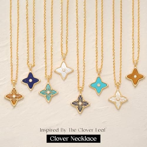MYEARS Women Clover Necklace Pendant Lapis Lazuli Cubic Zirconia 14K Gold Simple Dainty Chain Everyday Trendy Lucky Jewelry - Thumbnail 6
