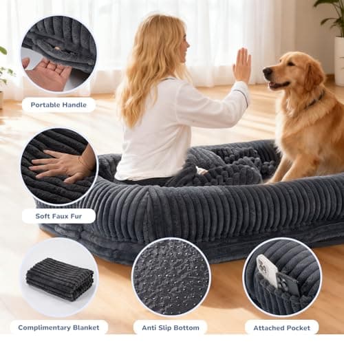 OtterOasis Foldable Human Dog Bed for Adult, 72"x44"x12" Fluffy Faux Fur Human Sized Pet Bed with Blanket, Orthopedic Dog Bed with Egg Foam and Water Proof Liner (Dark Grey (Surround), 72" Length) - Thumbnail 5