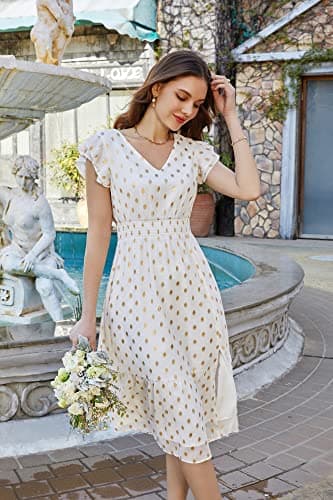 GRACE KARIN 2026 Womens Summer Dresses V Neck Ruffle Sleeve Floral Boho Beach A-Line Dress White-Polka Dot X-Large - Thumbnail 6
