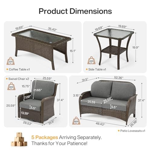 Tribesigns 5-Piece Outdoor Wicker Patio Furniture Set with 2 Swivel Chairs, 1 Loveseat & 2 Tables, Wicker Patio Chair Set with 26.8'' Deep Seat, Luxury Conversation Set for Porch, Yard, Brown/Gray - Thumbnail 2