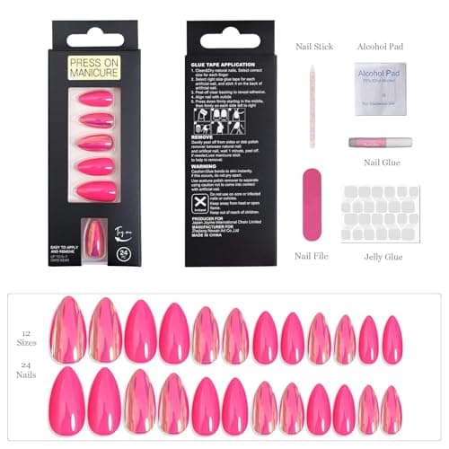 ZANVIA Nails Press Ons Almond - Hot Pink Glossy Iridescent Reusable Acrylic False Nails for DIY Manicure, 24 Nails in 12 Sizes with Glue, Adhesive Tabs, Nail File, Prep Pad, Manicure Stick - Thumbnail 5