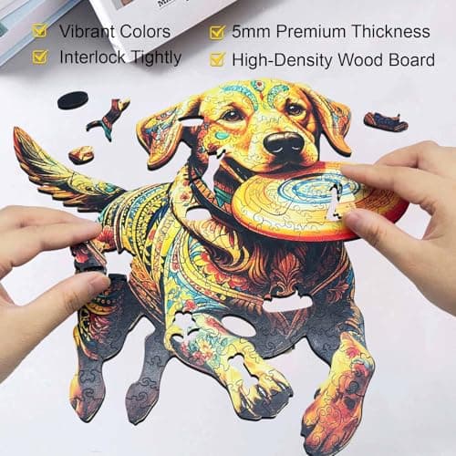 Wooden Puzzle for Adults, Dog with Frisbee Wooden Jigsaw Puzzle 200 Piece, Unique Animal Shaped Wood Cut Puzzles, Fun Challenging Labrador Retriever Puzzles for Adults Family Game Wall Decor 10.3*11in - Thumbnail 4