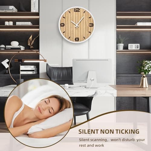 AXAORIRA Round Wall Clock Battery Operated, Modern Wooden Small Analog Clocks 12 Inch Silent Non-Ticking for Home, Office, Apartment, Living Room, Bathroom, Kitchen, Bedroom - Thumbnail 3