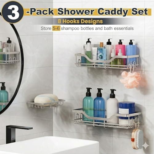 OMAIRA 3-Pack Shower Caddy with Soap Holder, Adhesive Rustproof No-drill Strudy Loading Inside Shower Organizer Shelves Rack Storage Bathroom Organization for Smooth Wall Glass Tile, Sliver (Large) - Thumbnail 3