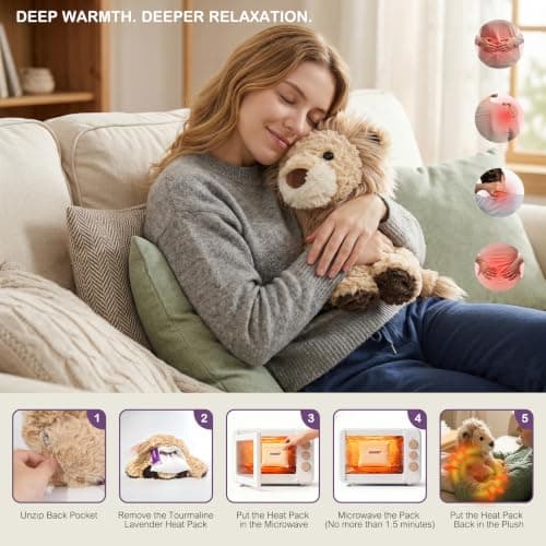 KOWSI® AI Interactive Talking Brave Lion Plush – 1.4LB Microwavable Heatable Stuffed Animal with Tourmaline Lavender Heat Pack - 10" Educational Toy for Toddlers Learning Language Speaking - Thumbnail 3