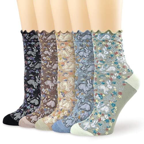 VIBYCICY VIBCICY Crew Socks Woman, Ruffle Cute Socks for Women with Floral, Funny Cute Novelty Pattern for Girls, 5Pack - Image 1