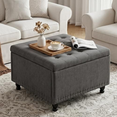 Tbfit Large Square Storage Ottoman Bench, Tufted Upholstered Coffee Table with Storage, Oversized Storage Ottomans Toy Box Footrest for Living Room, Dark Grey - Image 1
