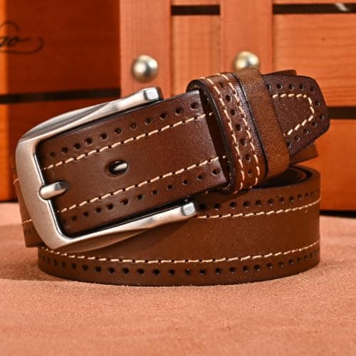 Rollslatte Men’s Full Grain Leather Belt, 1.5" Vintage Western Cowboy Belt with Silver Buckle, Genuine One-Piece Leather Belts for Jeans and Casual, Size 36 - Thumbnail 2