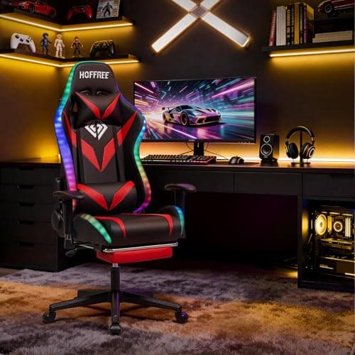 Led Gaming Chair with Speakers Massage 165° Reclining Computer Chairs-Red - Thumbnail 2