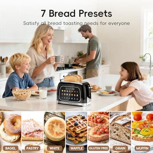 Toaster 2 Slice, Touch Screen Wide Slot Retro Toaster for Bagel & Thick Breads, Stainless Steel Smart Digital Toasters, 7 Bread Modes & 7 Browning Levels, Mute Mode, Memory, Defrost & Reheat, Black - Thumbnail 4