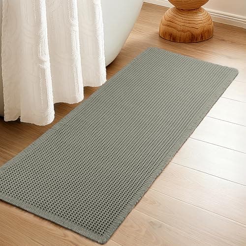 Siyaluens Luxury Waffle Bath Mat, Super Absorbent Non Slip Bathroom Rugs, Boho Ultra Soft Comfort Machine Washable Quick Dry Floor Mats with Tassels (Olive Green, 24" x 72")
