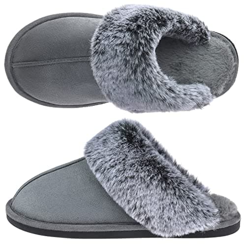 VANSARTO Women's Comfy Faux Fur Scuff Slippers Micro Suede Memory Foam Slip on Fuzzy Slide House Shoes Anti-Skid Sole, Grey, Size 7-8 - Image 1
