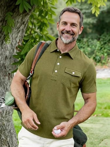 JEMLDL Short Sleeve Polo Shirts for Men Summer Quick Dry Stretch Slim Fit Golf Shirt with Pocket 4 Button Placket Olive L - Thumbnail 5