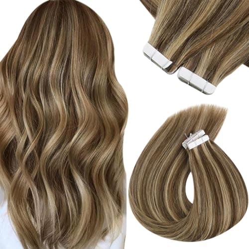 Sunny Hair Tape in Hair Extensions Human Hair 16 Inch 40pcs 100g Hair Extensions Real Human Hair Tape in Extensions for Women Medium Brown Highlights Caramel Blonde Remy Hair Straight Skin Weft - Image 1