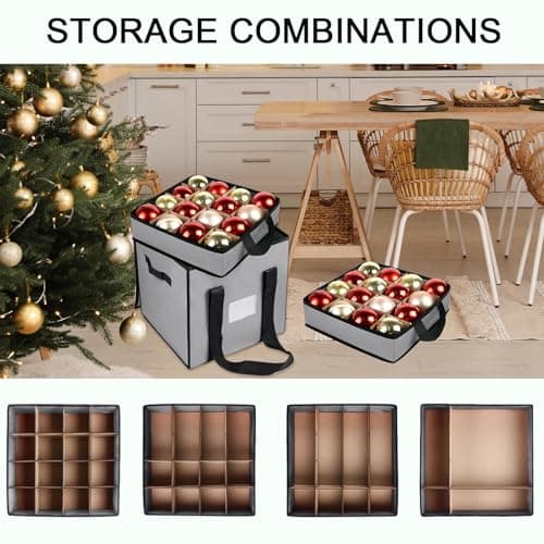 Christmas Ornament Storage Box with Dividers, Christmas Balls Storage Containers with Zipper & 4 Removable Trays - Holds Up to 64 Balls - 600D Oxford Christmas Decoration Storage Organizer (Gray) - Thumbnail 6